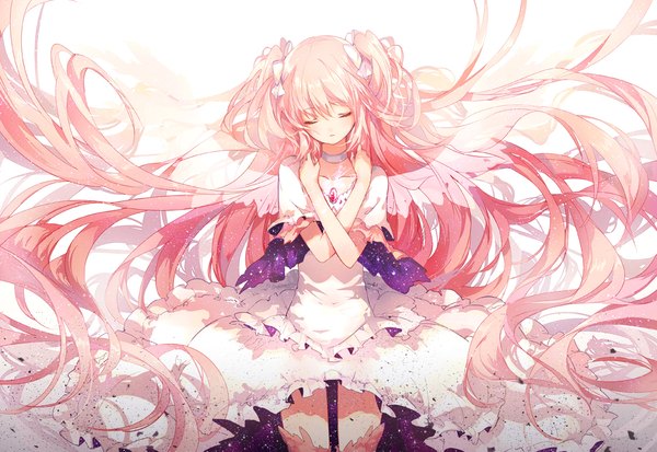 Anime picture 1150x793 with mahou shoujo madoka magica shaft (studio) kaname madoka goddess madoka kinokohime single blush fringe simple background standing white background payot pink hair eyes closed very long hair head tilt night short sleeves two side up zettai ryouiki