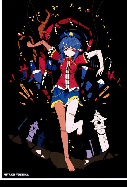 Anime picture 2024x2992 with touhou miyako yoshika ideolo single tall image highres short hair red eyes blue hair ahoge nail polish barefoot scan character names border black background doll joints zombie surreal girl