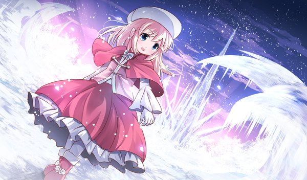 Anime picture 2136x1254 with original risutaru single long hair blush fringe highres open mouth blue eyes blonde hair hair between eyes wide image standing looking away outdoors :d night wide sleeves night sky winter