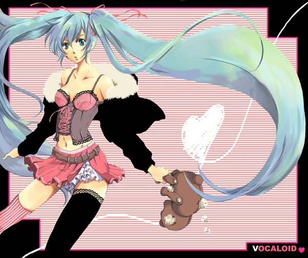 Anime picture 1082x906 with vocaloid hatsune miku dosei22 simple background twintails very long hair aqua eyes aqua hair copyright name pink background striped background heart of string girl thighhighs miniskirt heart toy stuffed animal corset