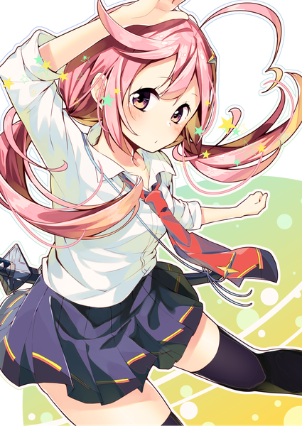 Anime picture 1003x1417 with original sakuragi ren single long hair tall image looking at viewer blush brown eyes pink hair ahoge pleated skirt arm up zettai ryouiki floating hair outstretched arm hand on head outline girl thighhighs skirt
