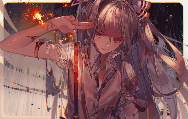 Anime picture 1024x649 with touhou fujiwara no mokou kawacy single long hair fringe hair between eyes red eyes standing signed looking away upper body outdoors head tilt arm up grey hair short sleeves wet copyright name torn clothes