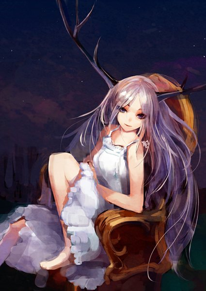 Anime picture 725x1024 with original pump single long hair tall image looking at viewer blue eyes sitting purple hair barefoot horn (horns) night night sky girl dress white dress armchair