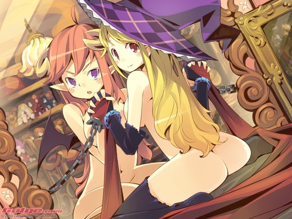 Anime picture 1365x1024 with galge.com long hair light erotic blonde hair red eyes purple eyes girl witch hat