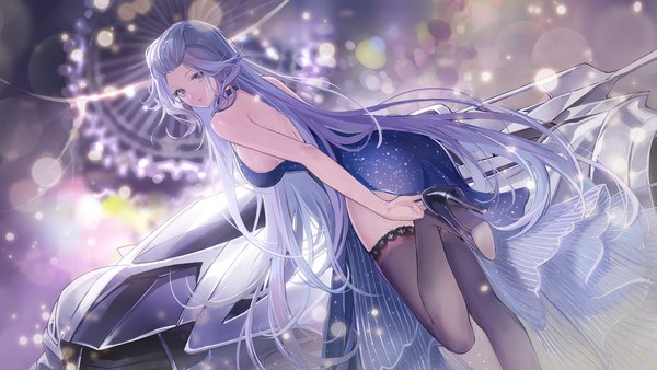 Anime picture 1920x1080 with original zuo600 single long hair looking at viewer fringe highres breasts wide image large breasts standing purple eyes purple hair outdoors looking back from behind blurry night high heels leaning