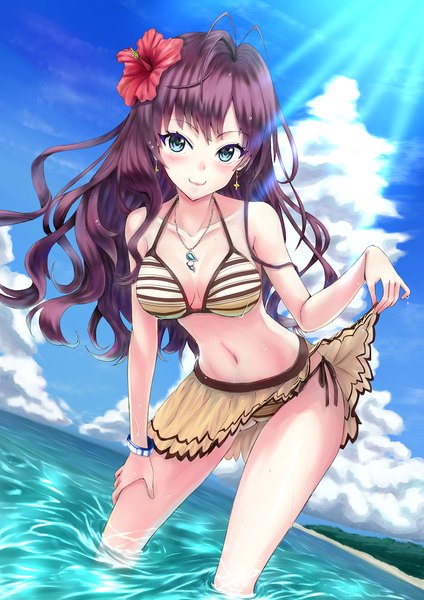 Anime picture 800x1132 with idolmaster idolmaster cinderella girls ichinose shiki yukimura (colorofyukimura) single long hair tall image looking at viewer blush fringe breasts blue eyes light erotic smile standing sky cleavage purple hair cloud (clouds) outdoors