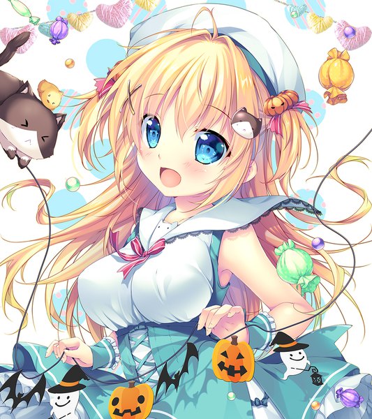 Anime picture 1000x1125 with original mikeou single long hair tall image blush fringe open mouth blue eyes blonde hair hair between eyes holding ahoge :d two side up halloween sailor collar underbust girl hair ornament