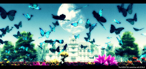 Anime picture 1600x760 with original koala (pixiv) wide image sky inscription letterboxed no people landscape architecture flower (flowers) plant (plants) tree (trees) insect butterfly planet house