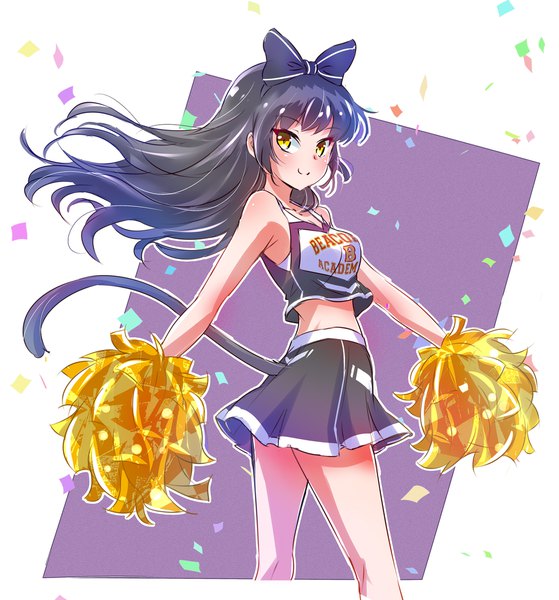 Anime picture 1880x2020 with rwby rooster teeth blake belladonna iesupa single long hair tall image looking at viewer highres black hair smile holding yellow eyes tail animal tail looking back cat tail sleeveless clothes writing outline