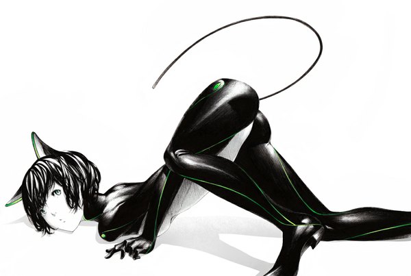 Anime picture 1100x740 with tron:legacy sousou (sousouworks) short hair light erotic simple background white background green eyes animal ears tail cat girl monochrome girl bodysuit