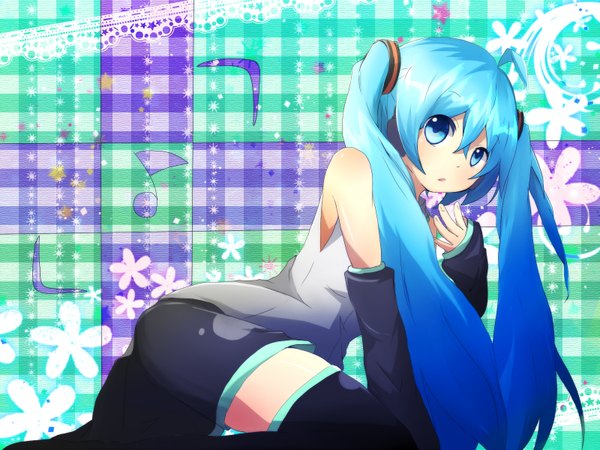 Anime picture 1600x1200 with vocaloid hatsune miku sakutyoko (artist) single long hair blue eyes twintails bare shoulders blue hair girl skirt detached sleeves miniskirt