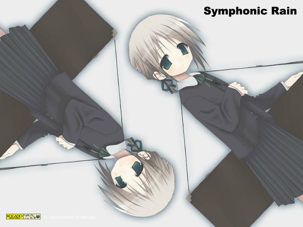 Anime picture 1024x768 with symphonic rain liselsia cesarini shiro (octet) short hair green eyes ponytail grey hair serious dual persona rotational symmetry girl uniform ribbon (ribbons) school uniform