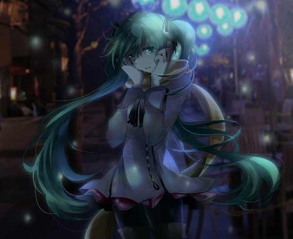 Anime picture 1000x817 with vocaloid hatsune miku mariwai (marireroy) single looking at viewer twintails very long hair aqua eyes aqua hair night tears girl dress plant (plants) tree (trees) headphones scarf