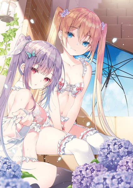 Anime picture 1357x1920 with original miwabe sakura long hair tall image looking at viewer blush fringe breasts open mouth blue eyes light erotic blonde hair hair between eyes red eyes sitting twintails multiple girls payot cleavage purple hair
