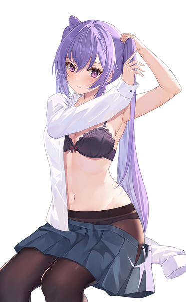 Anime picture 1853x3000 with genshin impact keqing (genshin impact) i ruru single long hair tall image looking at viewer blush fringe highres breasts light erotic simple background hair between eyes white background sitting purple eyes twintails payot purple hair