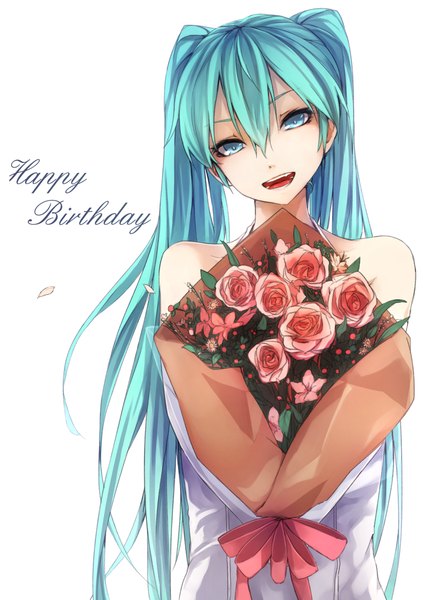 Anime picture 1439x2039 with vocaloid hatsune miku kyouya (mukuro238) single tall image open mouth simple background white background twintails very long hair aqua eyes aqua hair happy birthday girl dress flower (flowers) petals bouquet