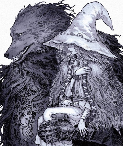 Anime-Bild 1173x1395 mit elden ring ranni the witch blaidd the half-wolf neji vuldarak long hair tall image blue eyes simple background white background looking away monochrome carrying spot color extra arms wolf boy girl dress boy hat ring