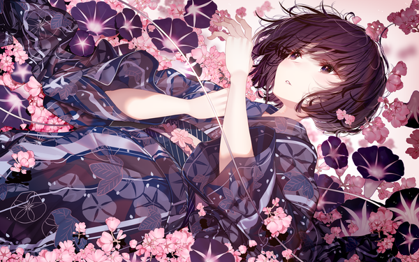 Anime picture 1920x1200 with original atha (leejuiping) single fringe highres short hair brown hair brown eyes looking away lying blunt bangs traditional clothes parted lips japanese clothes wide sleeves on back cherry blossoms floral print girl flower (flowers)