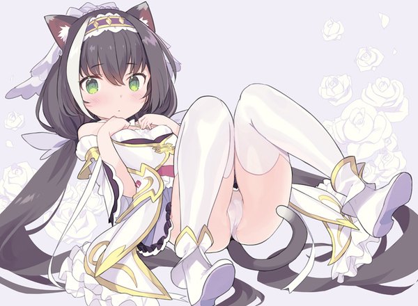 Anime picture 800x587 with princess connect! re:dive princess connect! karyl (princess connect!) blade (galaxist) single long hair looking at viewer blush fringe light erotic black hair simple background hair between eyes sitting twintails green eyes animal ears full body bent knee (knees) tail