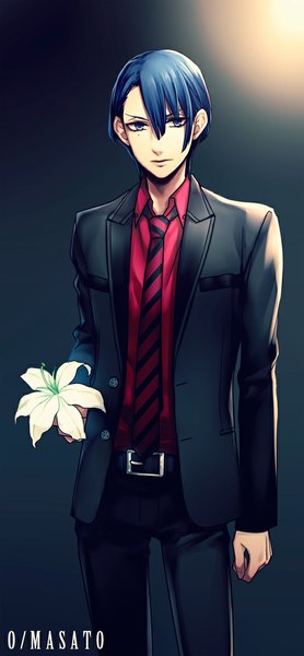 Anime picture 522x1123 with uta no prince-sama a-1 pictures hijirikawa masato teinpomu single tall image looking at viewer fringe short hair blue eyes standing holding blue hair mole character names mole under eye dark background boy flower (flowers) shirt