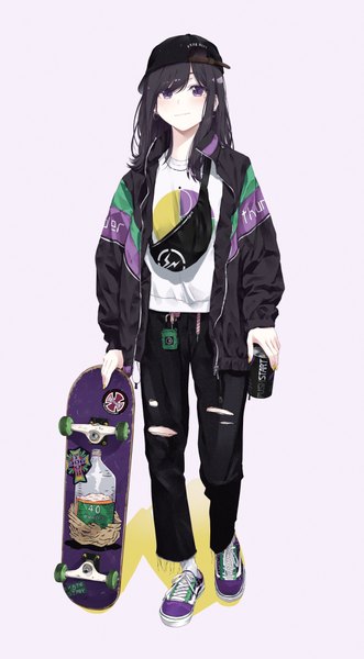 Anime picture 2264x4096 with original vans chobe 2 single long hair tall image looking at viewer fringe highres black hair simple background smile standing purple eyes holding full body nail polish grey background mole open jacket