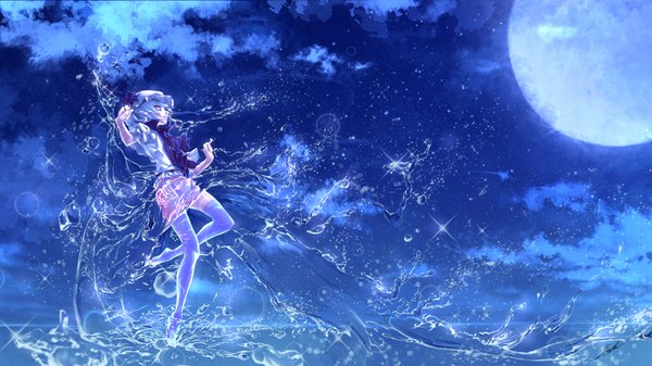 Anime picture 2016x1134 with touhou remilia scarlet etna (artist) single highres short hair red eyes wide image blue hair cloud (clouds) night girl thighhighs dress white thighhighs water moon bonnet