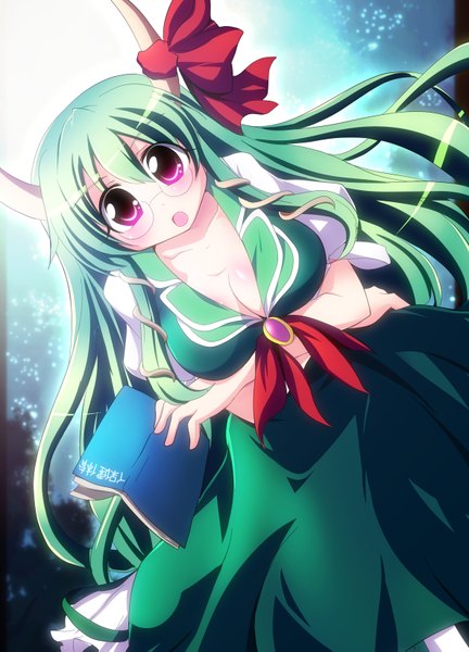 Anime picture 1184x1643 with touhou kamishirasawa keine ex-keine geogeo (artist) long hair tall image open mouth light erotic pink eyes horn (horns) green hair girl dress bow glasses book (books)