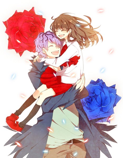 Anime picture 1300x1667 with ib (game) garry (ib) ib (ib) long hair tall image blush fringe short hair open mouth simple background brown hair white background purple hair eyes closed hair over one eye couple girl boy petals rose (roses)