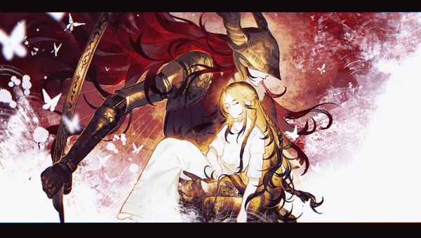 Anime picture 2949x1668 with elden ring malenia blade of miquella miquella (elden ring) muyinxia (yinxia566) long hair highres blonde hair wide image holding red hair eyes closed floating hair letterboxed siblings twins carrying girl boy weapon insect