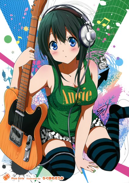 Anime picture 2540x3600 with girls, girls, girls! 11 (artbook) ragho no erika single long hair tall image looking at viewer blush highres blue eyes black hair bare shoulders scan official art girl thighhighs skirt headphones insect butterfly striped thighhighs
