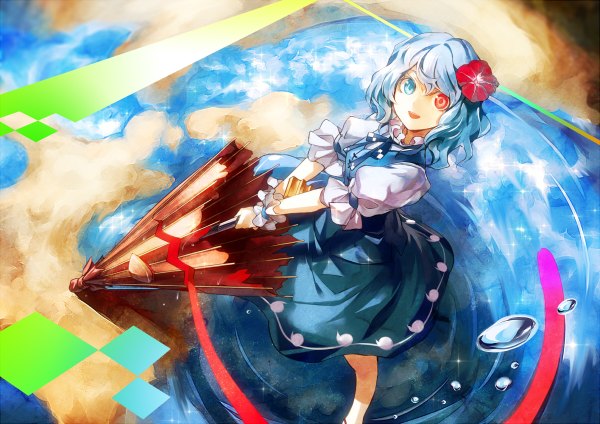 Anime picture 1200x848 with touhou tatara kogasa kozou single long hair looking at viewer blue eyes red eyes blue hair from above puffy sleeves heterochromia looking up long tongue girl skirt water umbrella water drop