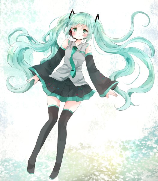 Anime picture 1701x1938 with vocaloid hatsune miku tsukiyo (skymint) single long hair tall image looking at viewer blush highres twintails bare shoulders green eyes long sleeves pleated skirt aqua hair wide sleeves girl skirt hair ornament detached sleeves