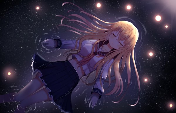 Anime picture 1655x1062 with original mimikaki (men bow) single long hair blush fringe breasts blonde hair hair between eyes payot outdoors lying eyes closed long sleeves pleated skirt light smile night midriff on back night sky