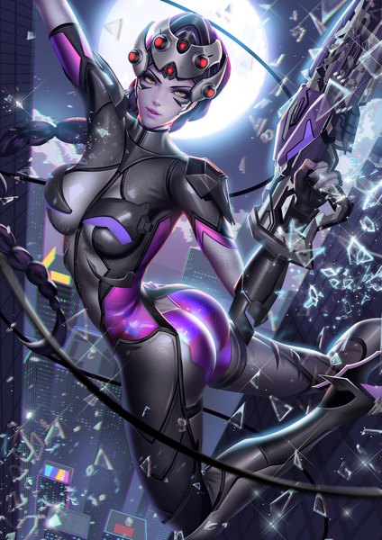 Anime picture 3500x4950 with overwatch blizzard entertainment widowmaker (overwatch) liang xing single long hair tall image looking at viewer highres breasts light erotic holding yellow eyes absurdres purple hair bent knee (knees) ass braid (braids) parted lips realistic