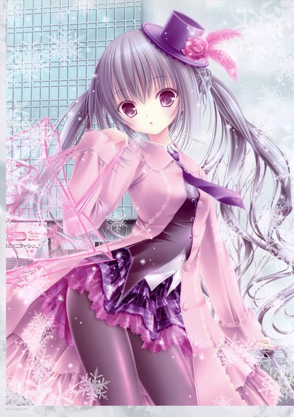 Anime-Bild 3470x4920 mit tinker bell single long hair tall image highres open mouth purple eyes twintails absurdres grey hair scan snowing winter girl dress skirt hat pantyhose necktie snowflake (snowflakes)
