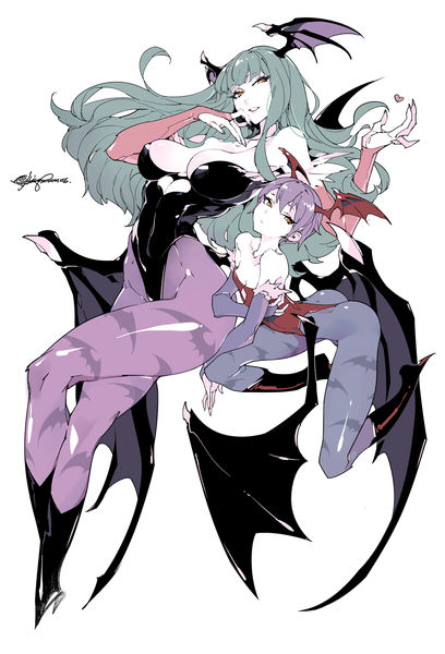 Anime picture 816x1200 with street fighter vampire / darkstalkers (game) capcom morrigan aensland lilith aensland fishine long hair tall image fringe breasts light erotic simple background smile large breasts white background bare shoulders multiple girls signed yellow eyes looking away
