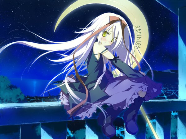 Anime picture 1600x1200 with hoshizora no memoria mare s ephemeral shida kazuhiro single long hair looking at viewer sitting yellow eyes game cg white hair wind night loli crescent girl ribbon (ribbons) weapon hair ribbon