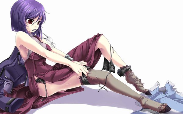 Anime picture 1400x875 with mobile suit gundam mobile suit gundam 00 sunrise (studio) tieria erde shinolion light erotic wide image white background erect nipples covered nipples otoko no ko jpeg artifacts dressing thighhighs boy underwear panties glasses garter straps garter belt