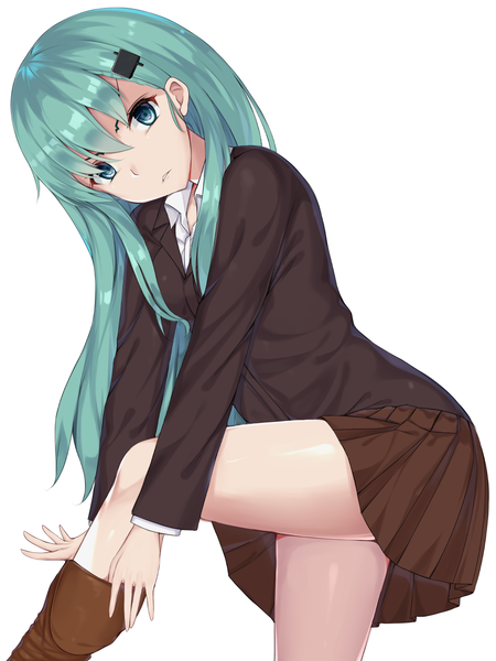 Anime picture 1075x1434 with kantai collection suzuya heavy cruiser kanikou single long hair tall image looking at viewer fringe simple background hair between eyes white background bent knee (knees) parted lips head tilt pleated skirt aqua eyes aqua hair leaning leaning forward undressing