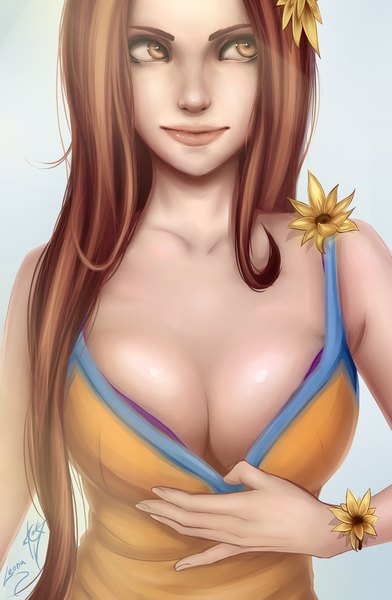 Anime picture 1700x2600 with league of legends leona (league of legends) pool party leona zackargunov single long hair tall image breasts light erotic brown hair large breasts brown eyes lips girl flower (flowers) sunflower