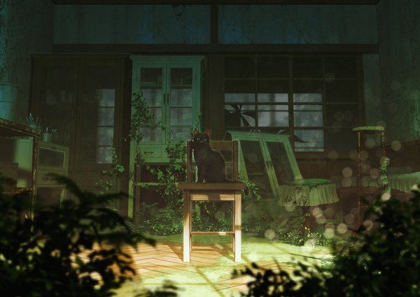 Anime picture 2643x1869 with original mocha (cotton) highres sunlight no people scenic animal window cat chair table room bushes