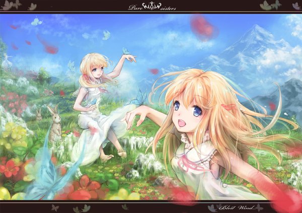 Anime picture 1100x778 with original miyai haruki long hair open mouth blue eyes blonde hair sitting multiple girls sky mountain girl flower (flowers) 2 girls animal insect butterfly sundress bunny