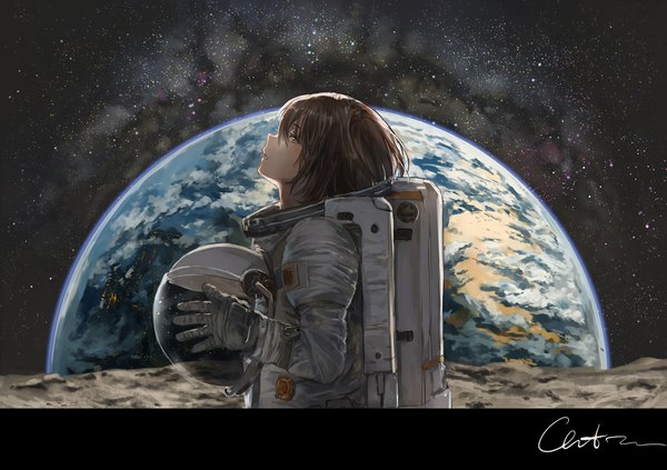Anime picture 2000x1412 with original catzz single looking at viewer blush fringe highres short hair hair between eyes brown hair holding signed cloud (clouds) upper body parted lips profile space rock headwear removed helmet removed