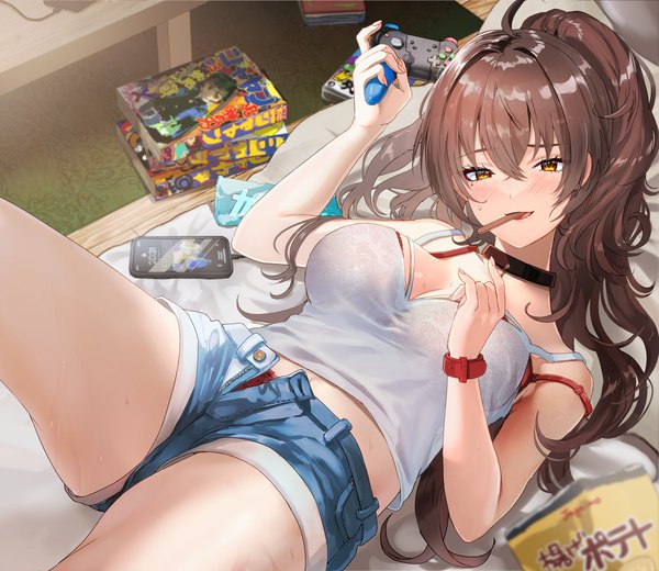 Anime picture 2000x1733 with original yavalley single long hair looking at viewer blush fringe highres breasts open mouth light erotic hair between eyes brown hair large breasts bare shoulders holding brown eyes cleavage ponytail lying