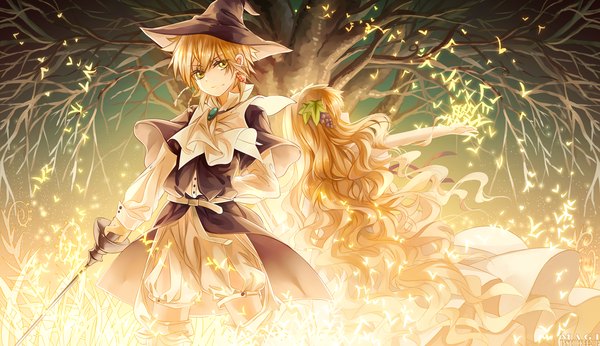 Anime picture 1440x831 with magi the labyrinth of magic a-1 pictures scheherazade (magi) titus alexius instockee long hair short hair blonde hair wide image yellow eyes piercing girl dress boy hair ornament weapon plant (plants) hat sword tree (trees)