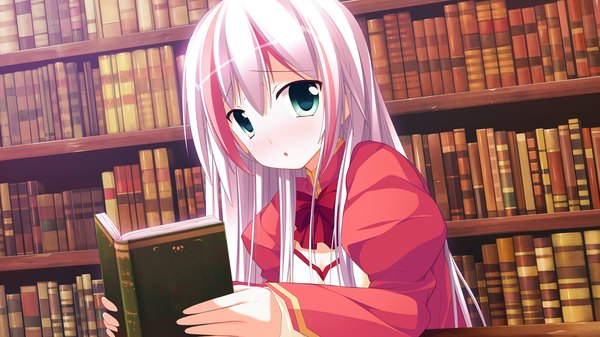 Anime picture 1280x720 with endless dungeon note rueme kinta (distortion) single long hair looking at viewer blue eyes wide image game cg white hair multicolored hair two-tone hair girl dress book (books) shelf bookshelf
