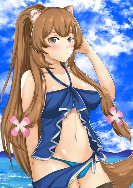 Anime picture 3035x4299 with tate no yuusha no nariagari kinema citrus raphtalia tian kazuki single long hair tall image looking at viewer blush fringe highres breasts light erotic brown hair large breasts standing bare shoulders brown eyes animal ears payot