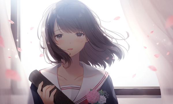 Anime picture 1300x788 with original noda shuha single looking at viewer blush fringe short hair open mouth smile brown hair wide image holding brown eyes upper body :d wind blurry tears cherry blossoms happy tears
