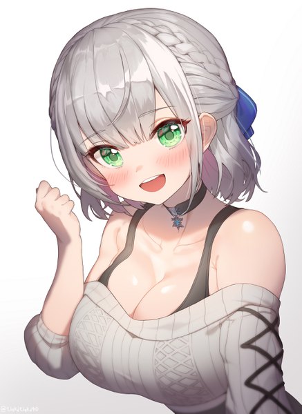 Anime picture 1953x2678 with virtual youtuber hololive shirogane noel shirogane noel (3rd costume) keureu (tiqkdtiqkd10) single tall image looking at viewer fringe highres short hair breasts open mouth light erotic simple background smile hair between eyes large breasts white background bare shoulders