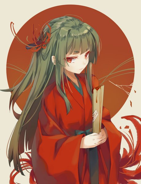 Anime picture 800x1042 with touhou mystical power plant original suitokuin tenmu hichou single long hair tall image red eyes traditional clothes japanese clothes hair flower green hair from above eyebrows girl flower (flowers) blood higanbana